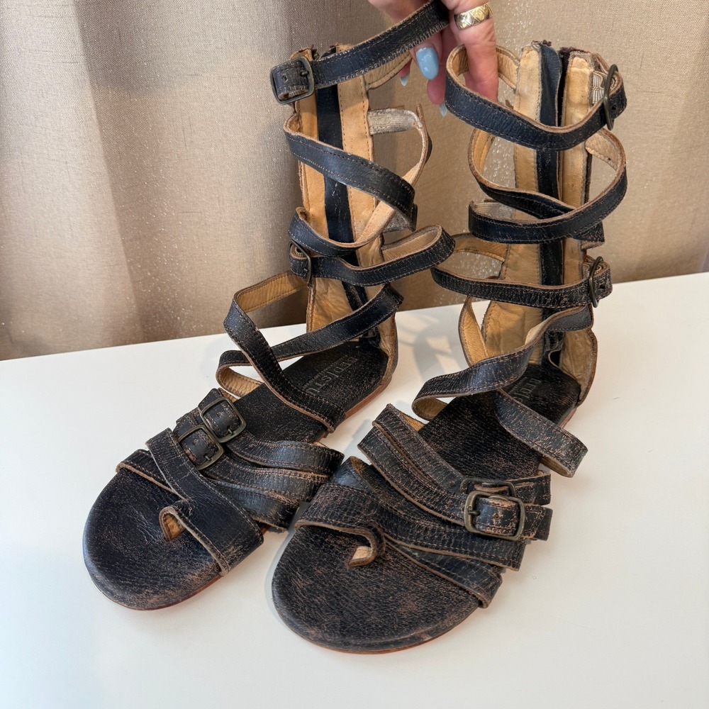 Bed Stu Women Distressed Black Leather Gladiator Strappy Sandals Size 8